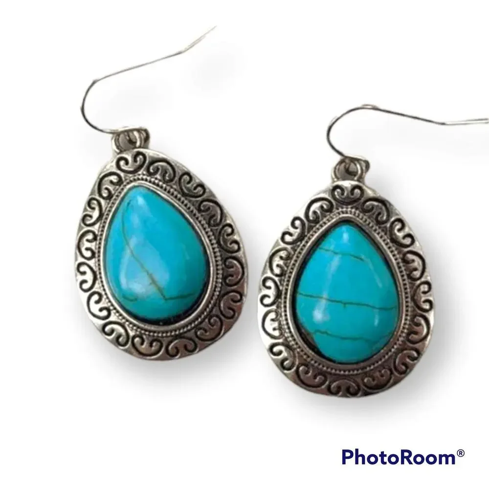Silver tone and faux turquoise fish hook earrings